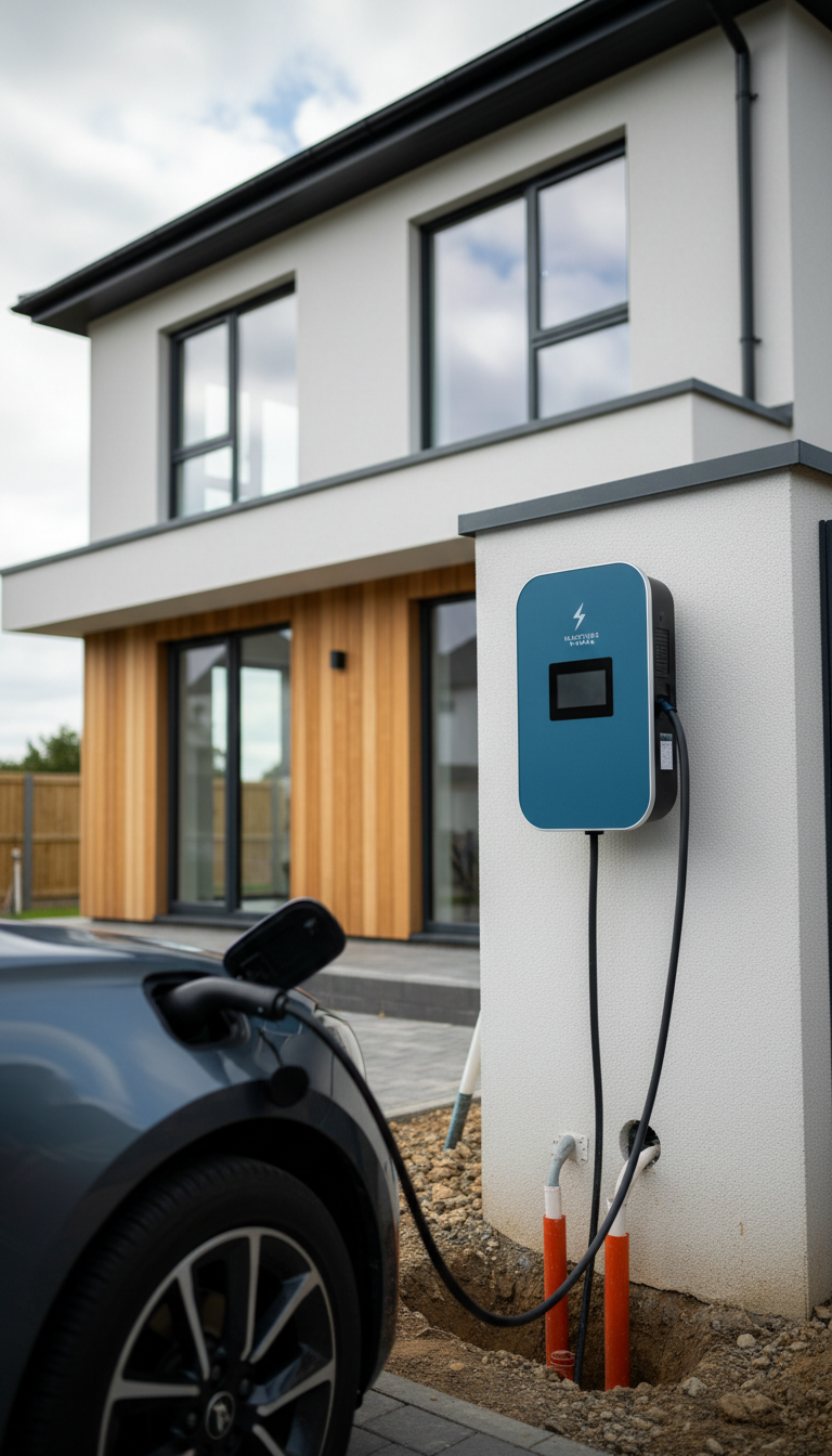 Laadpaal met elektrische wagen op de oprit