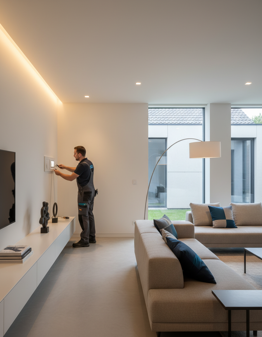 Elektricien werkt aan nieuwe elektrische installatie in nieuwbouw