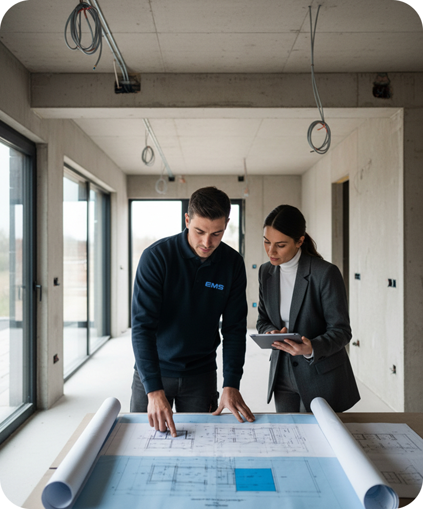 EMS elektricien bespreekt nieuwbouwplan met klant